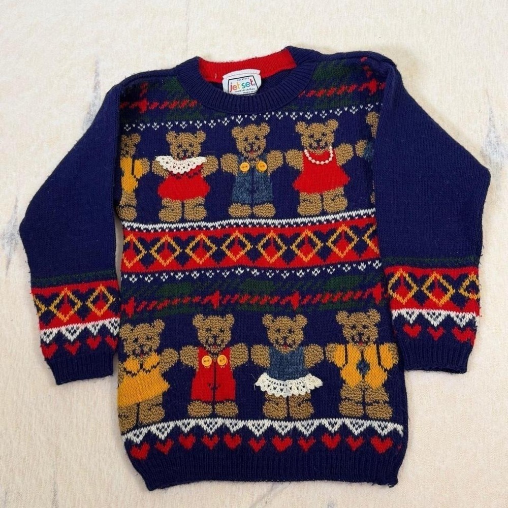 Vintage Jet Set Teddy Bear Sweater Kids 4/5 Ugly Christmas‎ Knit USA
